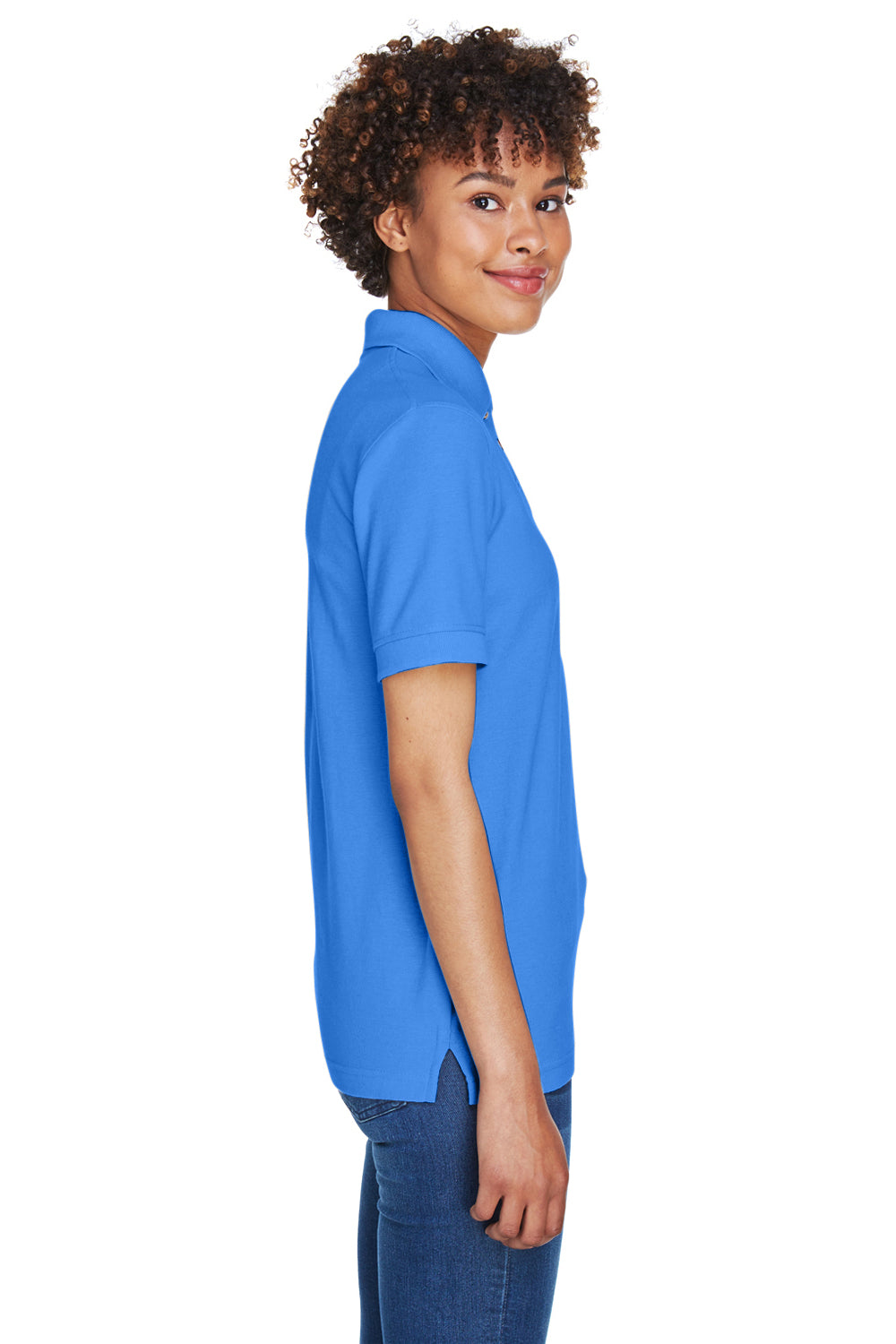 UltraClub 8541 Womens Whisper Short Sleeve Polo Shirt French Blue Model Side