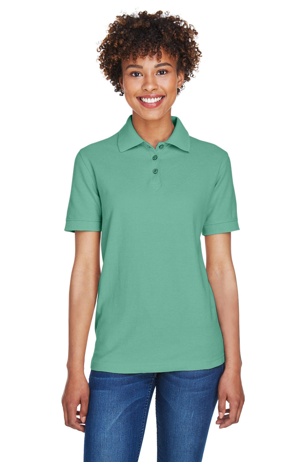 UltraClub 8541 Womens Whisper Short Sleeve Polo Shirt Leaf Green Model Front