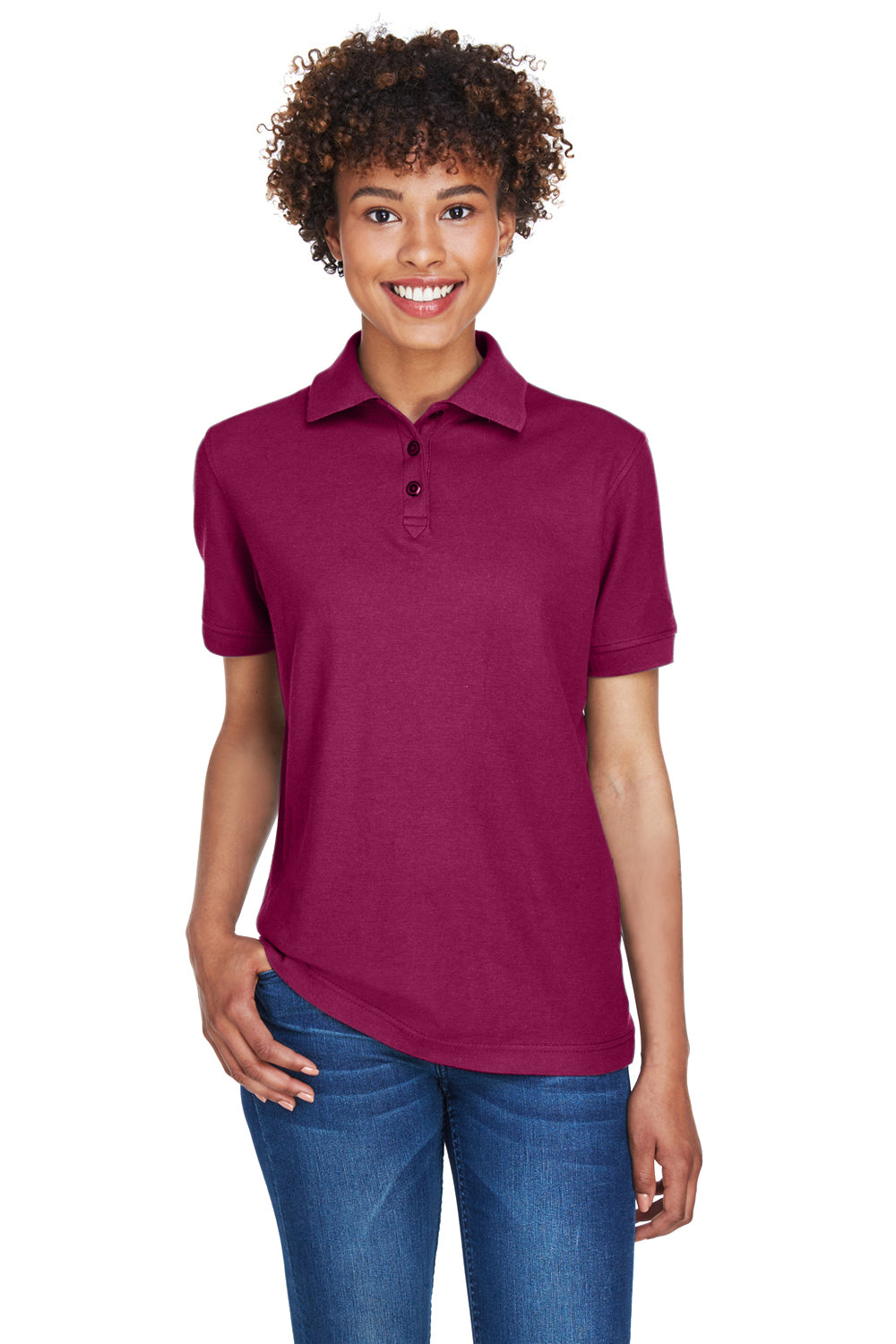 UltraClub 8541 Womens Whisper Short Sleeve Polo Shirt Wine Model Front