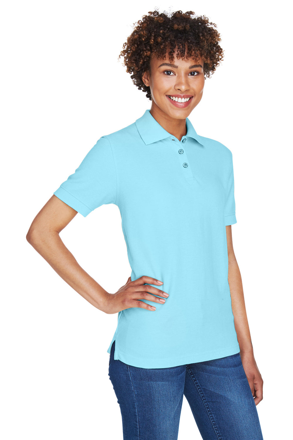 UltraClub 8541 Womens Whisper Short Sleeve Polo Shirt Baby Blue Model 3q