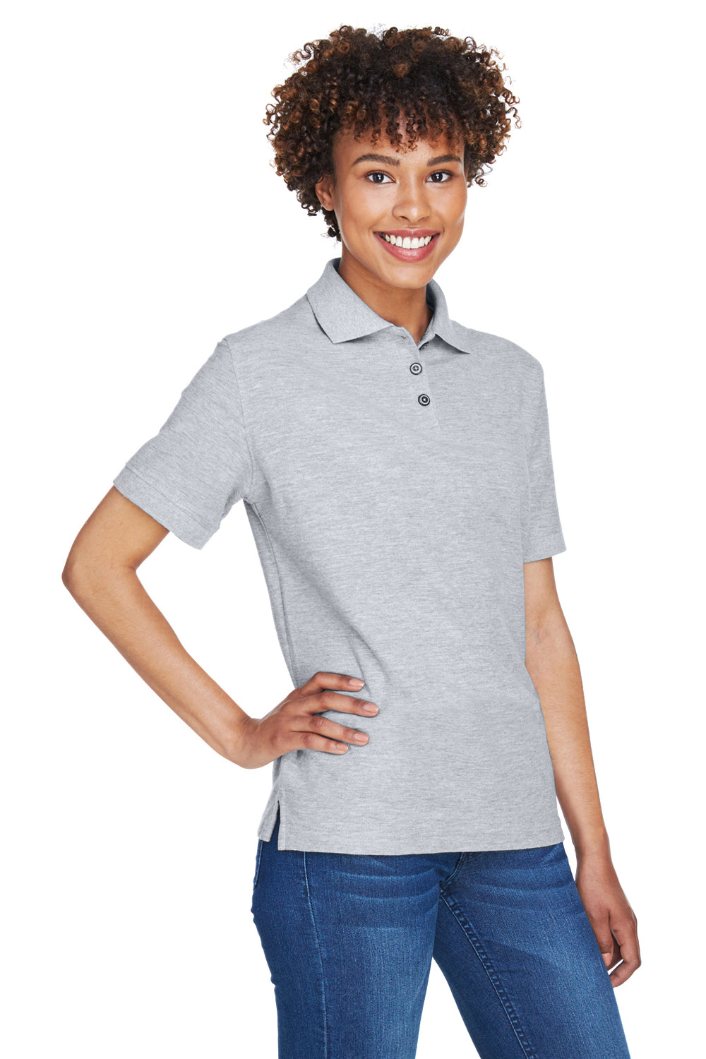 UltraClub 8541 Womens Whisper Short Sleeve Polo Shirt Heather Grey Model 3q