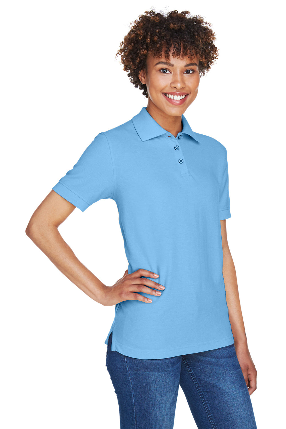 UltraClub 8541 Womens Whisper Short Sleeve Polo Shirt Cornflower Blue Model 3q