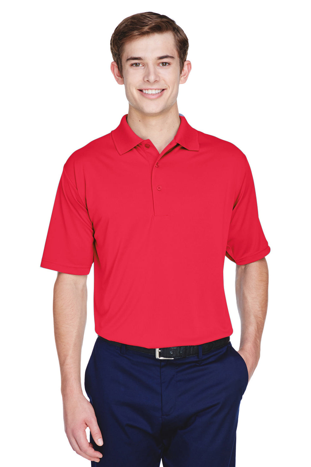 UltraClub 8610 Mens Cool & Dry 8 Star Elite Performance Moisture Wicking Short Sleeve Polo Shirt Red Model Front