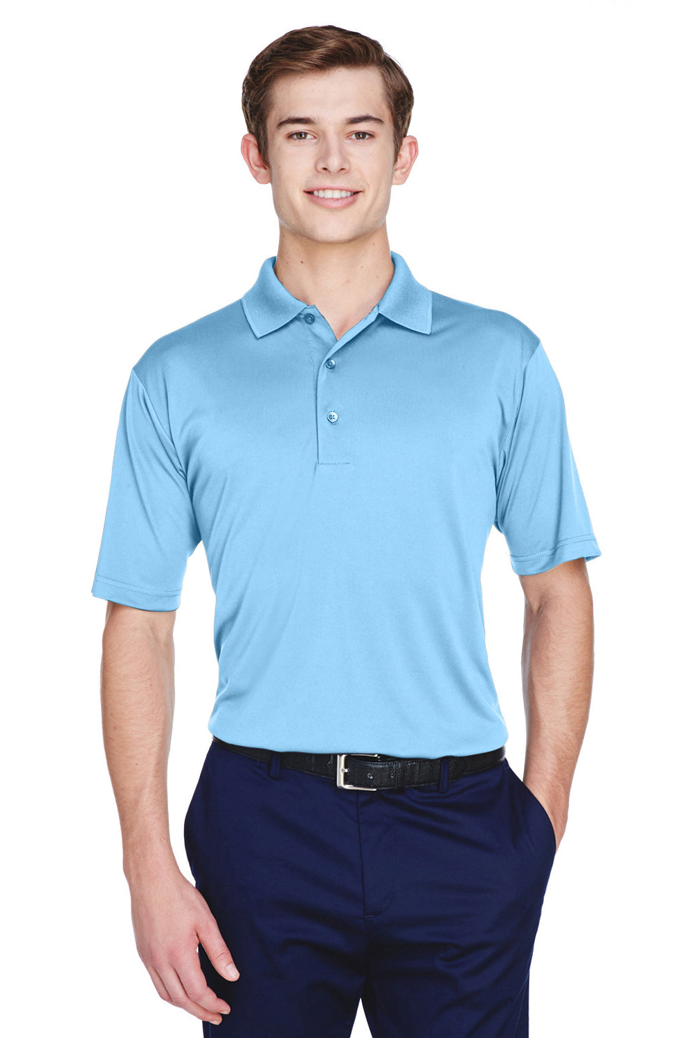 UltraClub 8610 Mens Cool & Dry 8 Star Elite Performance Moisture Wicking Short Sleeve Polo Shirt Columbia Blue Model Front