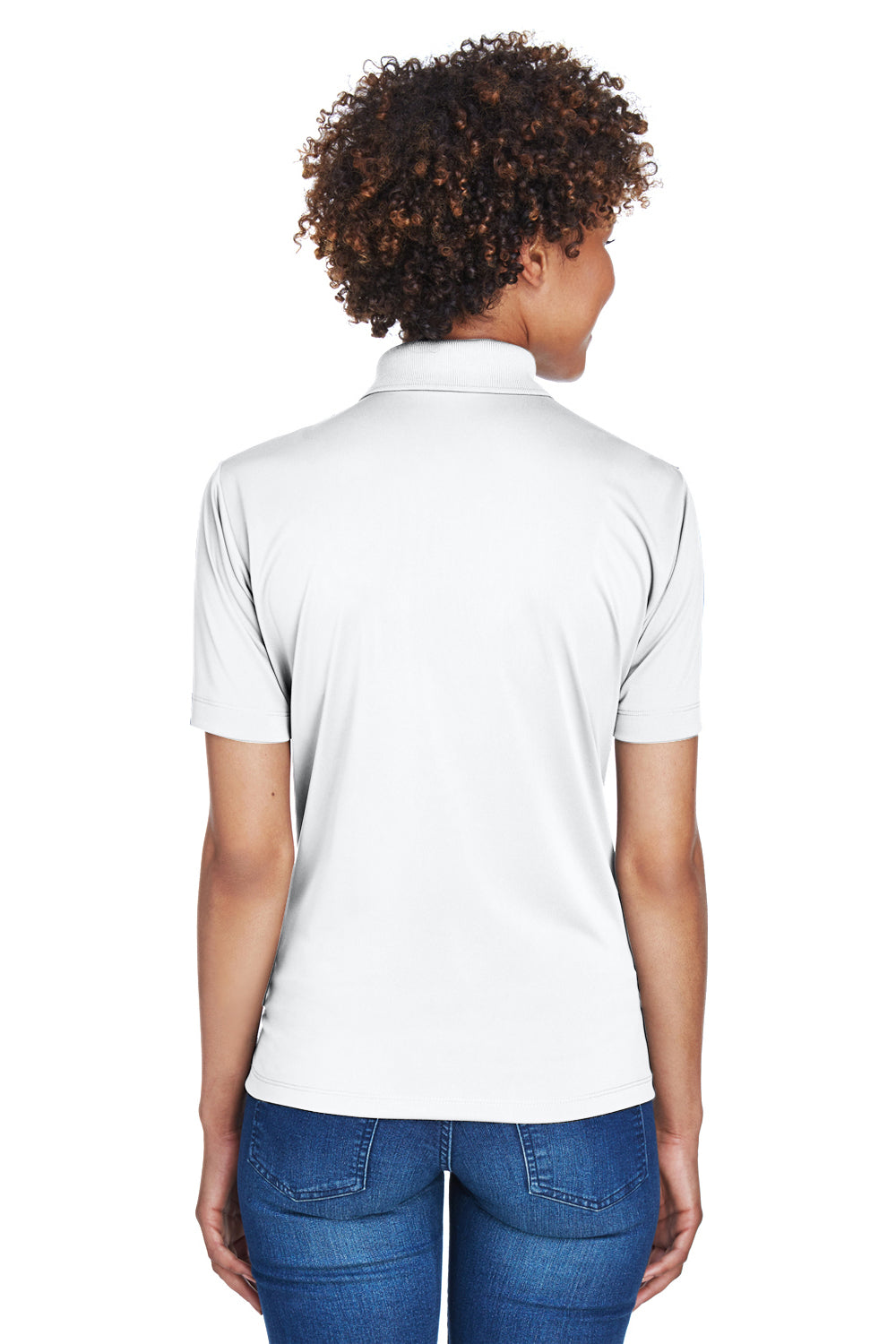 UltraClub 8610L Womens Cool & Dry 8 Star Elite Performance Moisture Wicking Short Sleeve Polo Shirt White Model Back