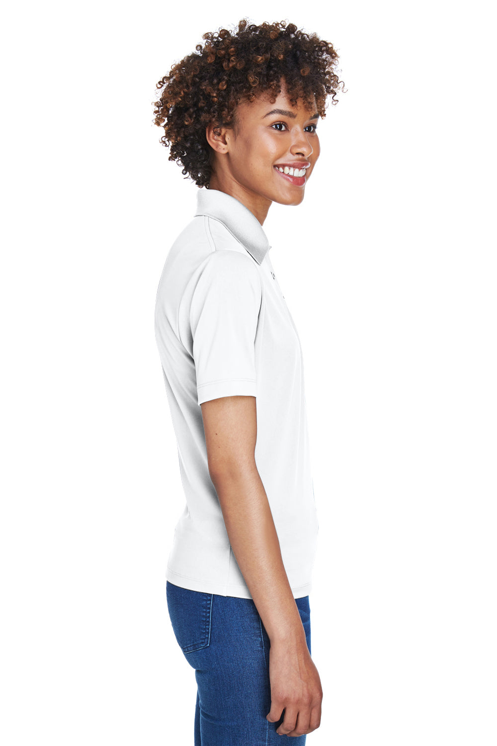 UltraClub 8610L Womens Cool & Dry 8 Star Elite Performance Moisture Wicking Short Sleeve Polo Shirt White Model Side