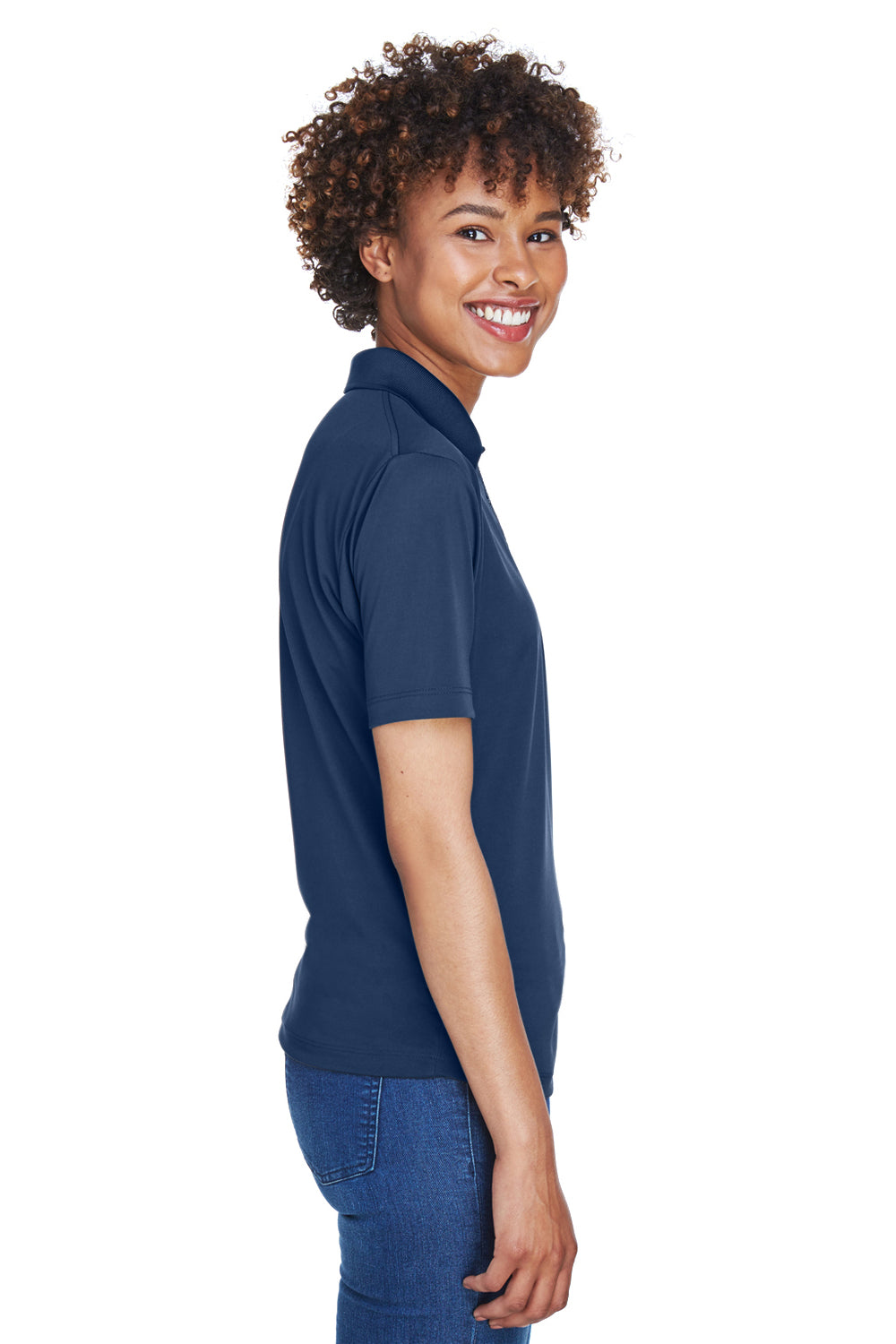 UltraClub 8610L Womens Cool & Dry 8 Star Elite Performance Moisture Wicking Short Sleeve Polo Shirt Navy Blue Model Side