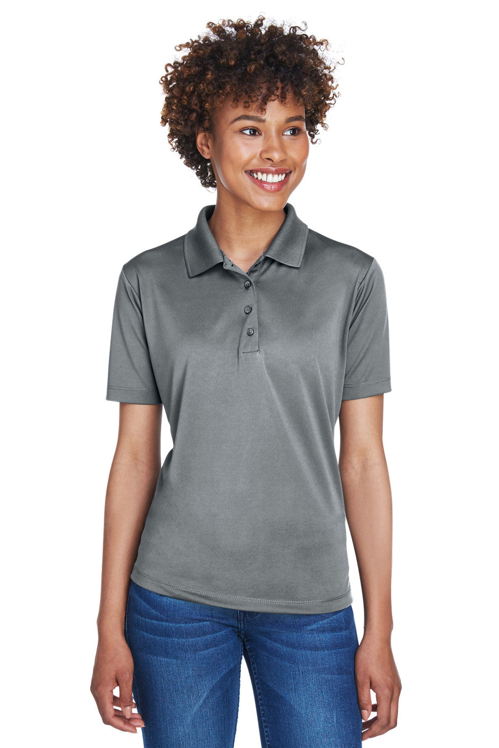 UltraClub 8610L Womens Cool & Dry 8 Star Elite Performance Moisture Wicking Short Sleeve Polo Shirt Charcoal Grey Model Front