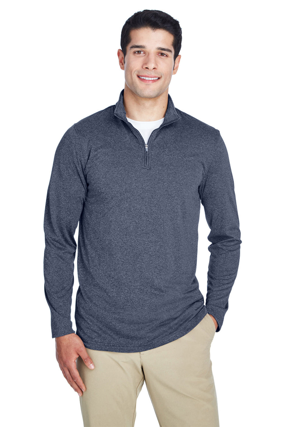 UltraClub 8618 Mens Heather Cool & Dry Performance Moisture Wicking 1/4 Zip Sweatshirt Heather Navy Blue Model Front