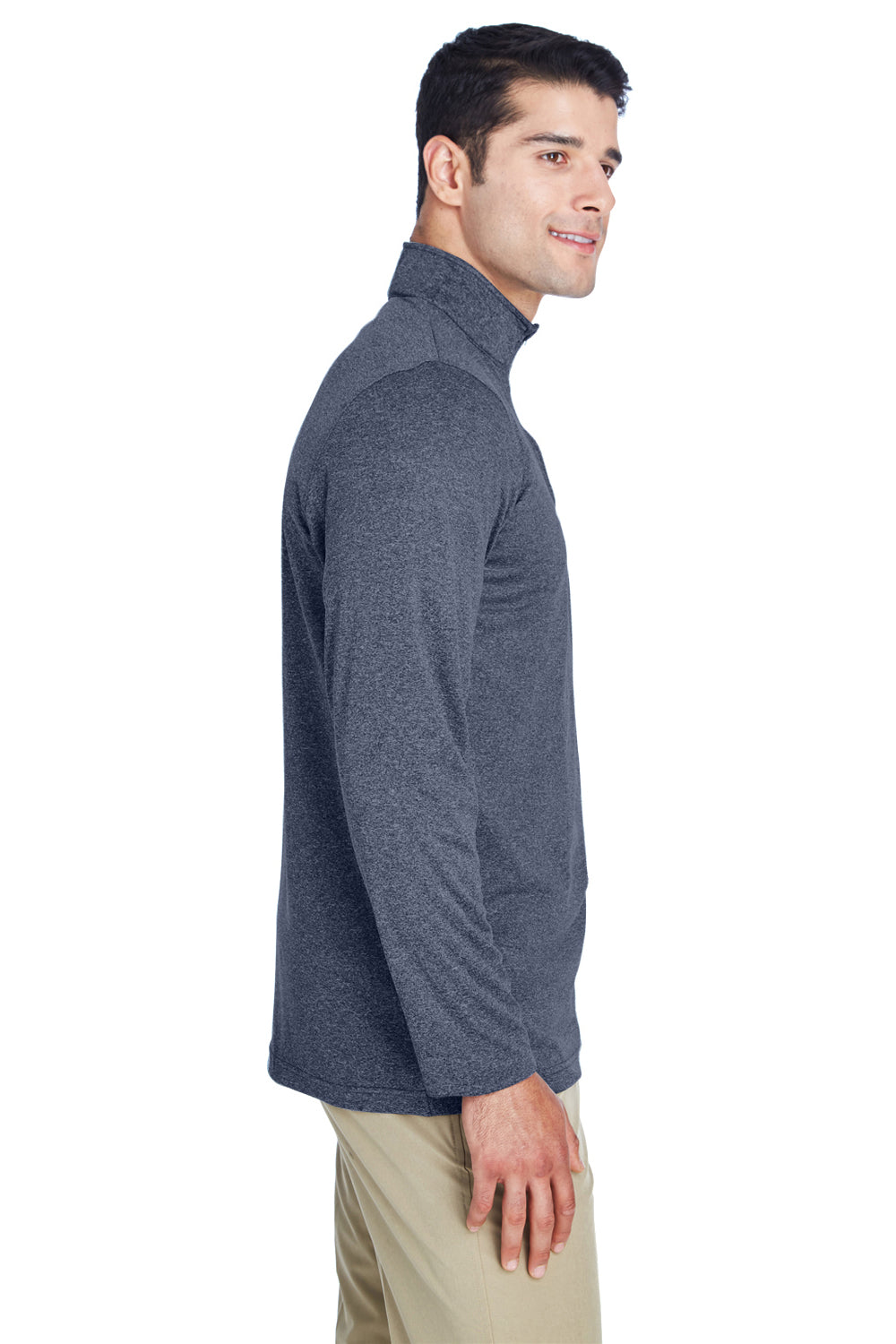 UltraClub 8618 Mens Heather Cool & Dry Performance Moisture Wicking 1/4 Zip Sweatshirt Heather Navy Blue Model Side