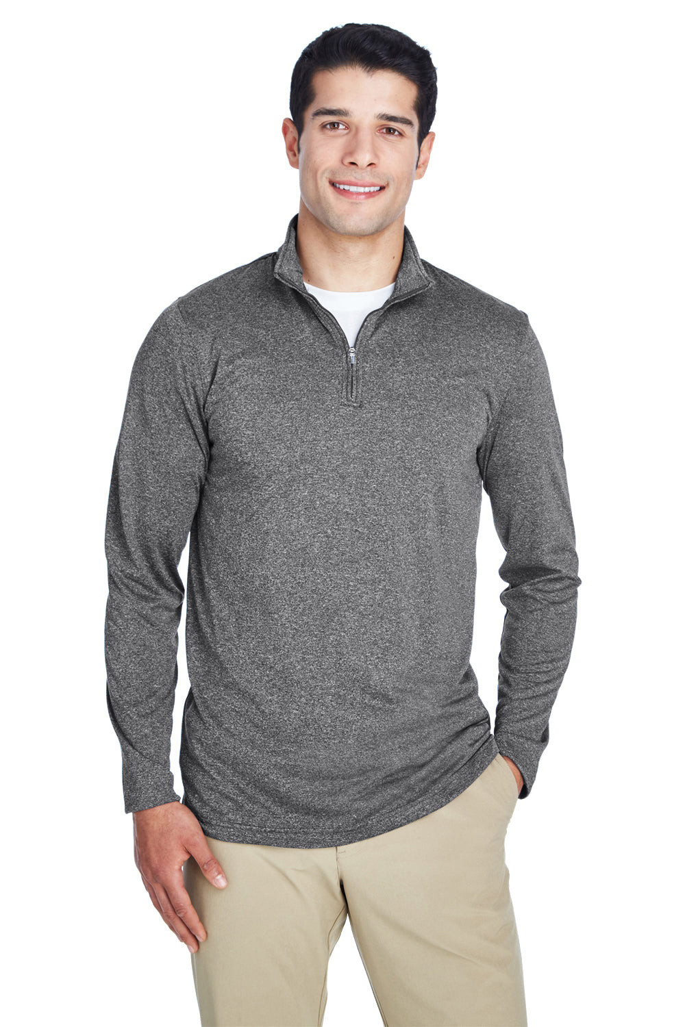 UltraClub 8618 Mens Heather Cool & Dry Performance Moisture Wicking 1/4 Zip Sweatshirt Heather Black Model Front