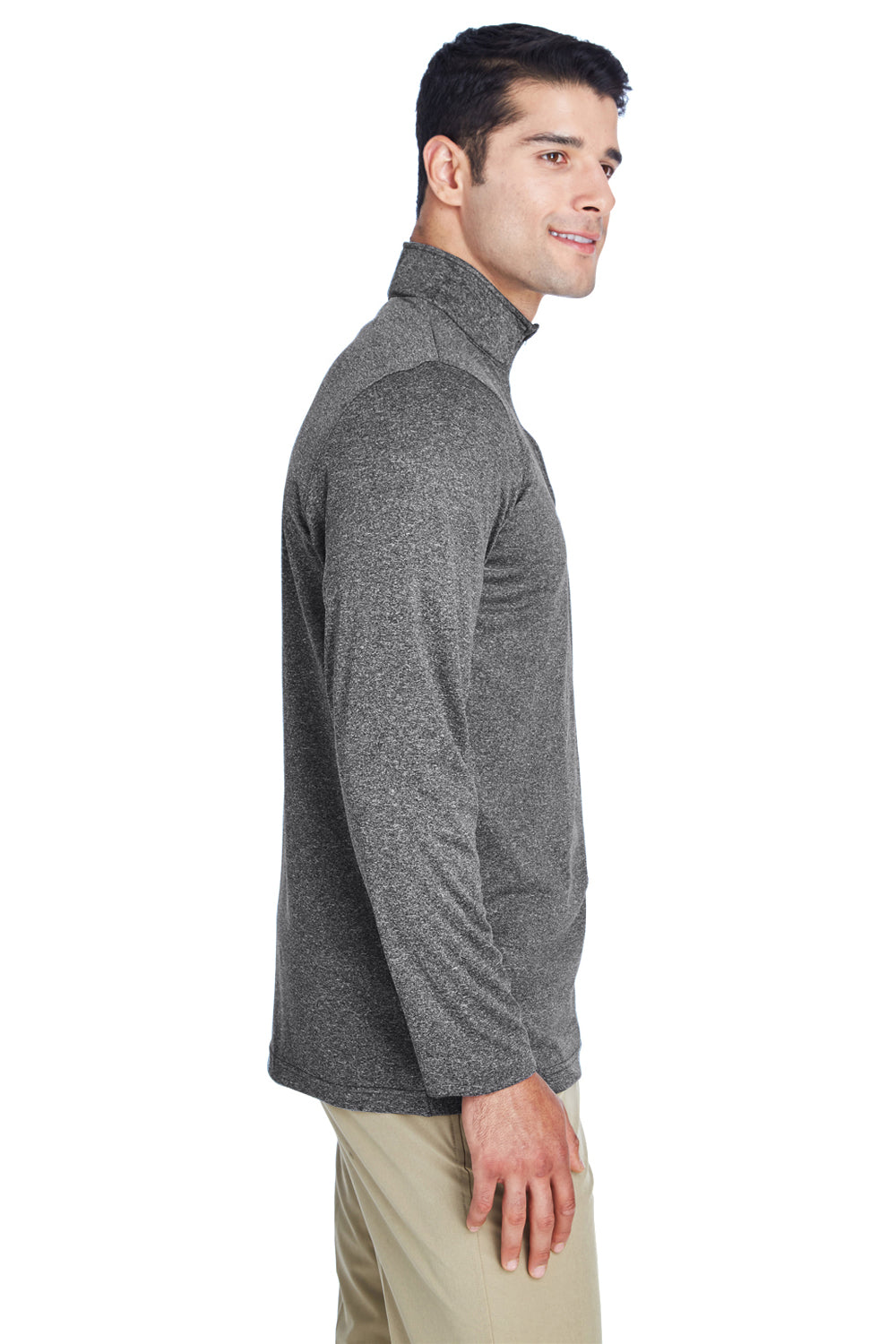 UltraClub 8618 Mens Heather Cool & Dry Performance Moisture Wicking 1/4 Zip Sweatshirt Heather Black Model Side