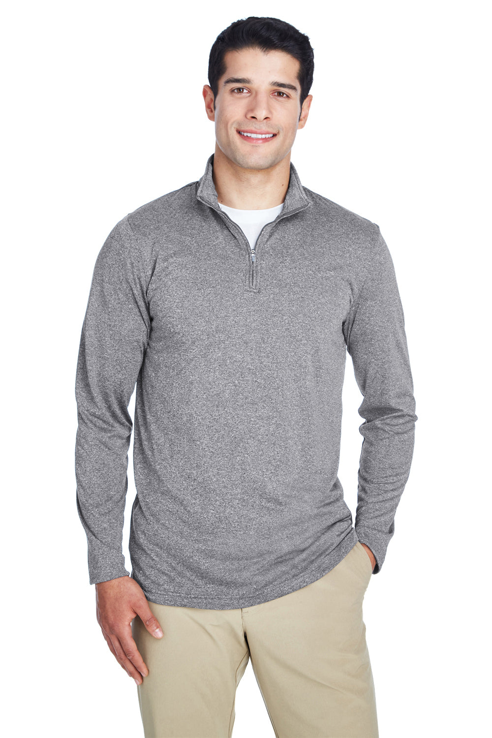 UltraClub 8618 Mens Heather Cool & Dry Performance Moisture Wicking 1/4 Zip Sweatshirt Heather Charcoal Grey Model Front