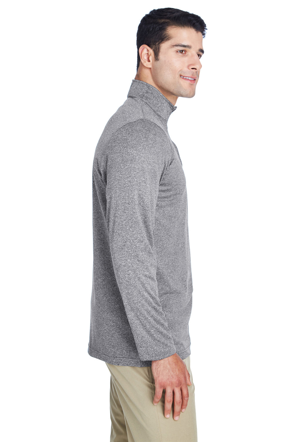 UltraClub 8618 Mens Heather Cool & Dry Performance Moisture Wicking 1/4 Zip Sweatshirt Heather Charcoal Grey Model Side