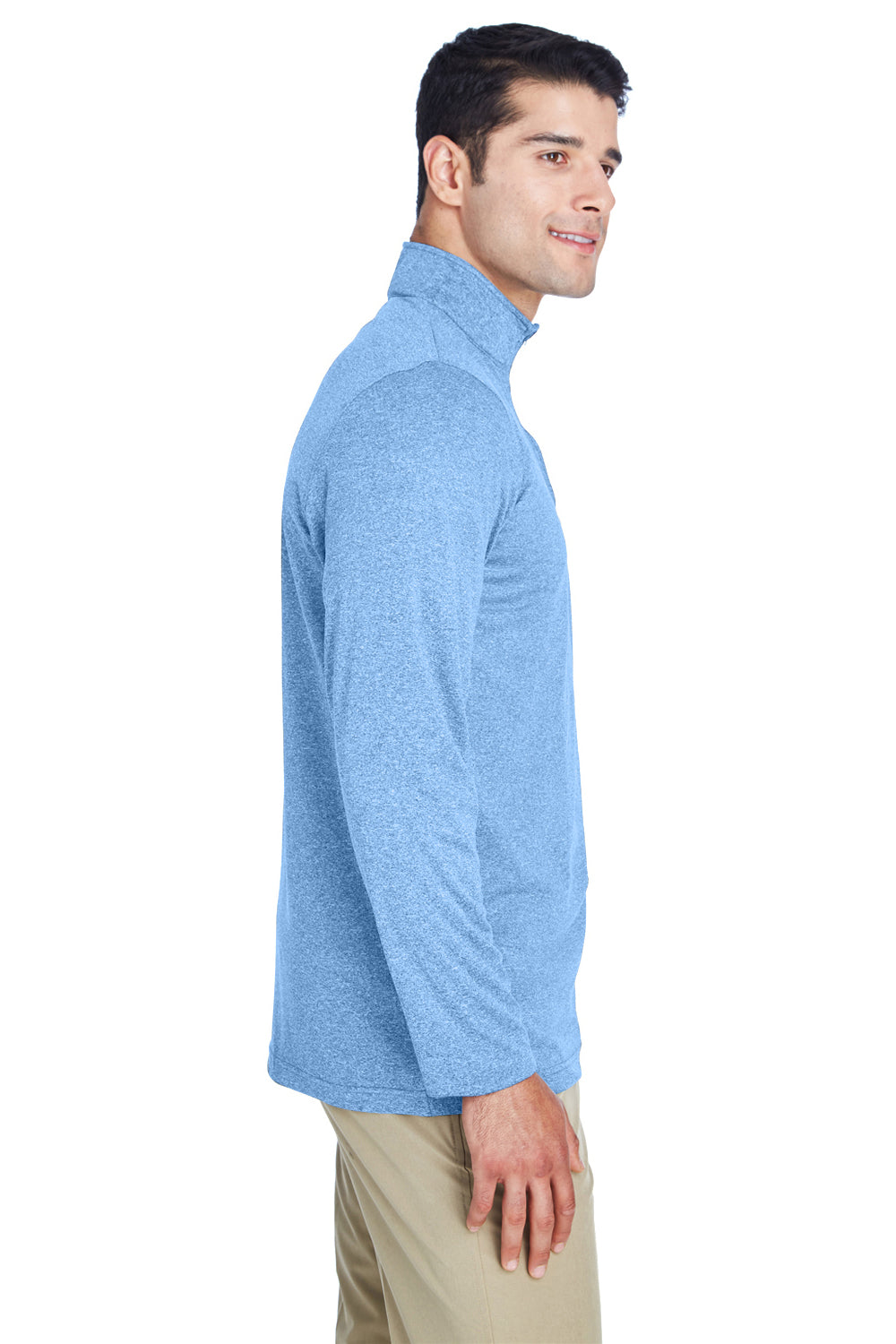 UltraClub 8618 Mens Heather Cool & Dry Performance Moisture Wicking 1/4 Zip Sweatshirt Heather Columbia Blue Model Side