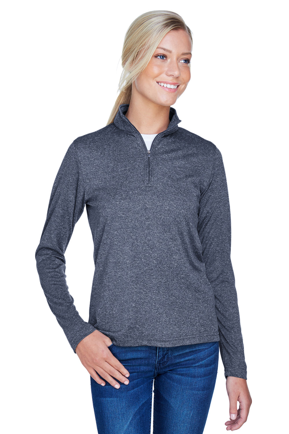 UltraClub 8618W Womens Heather Cool & Dry Performance Moisture Wicking 1/4 Zip Sweatshirt Heather Navy Blue Model Front