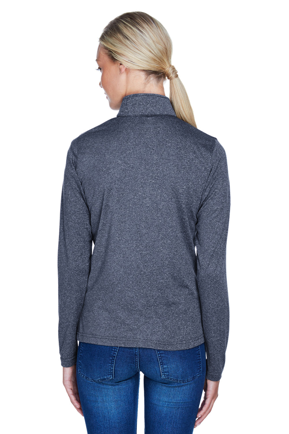 UltraClub 8618W Womens Heather Cool & Dry Performance Moisture Wicking 1/4 Zip Sweatshirt Heather Navy Blue Model Back