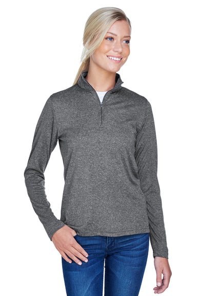 UltraClub 8618W Womens Heather Cool & Dry Performance Moisture Wicking 1/4 Zip Sweatshirt Heather Black Model Front