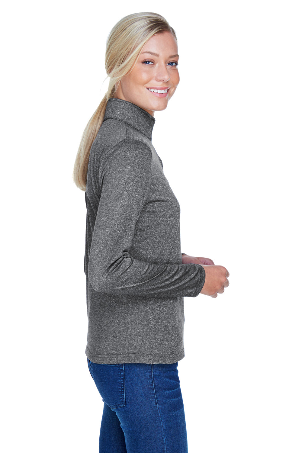 UltraClub 8618W Womens Heather Cool & Dry Performance Moisture Wicking 1/4 Zip Sweatshirt Heather Black Model Side