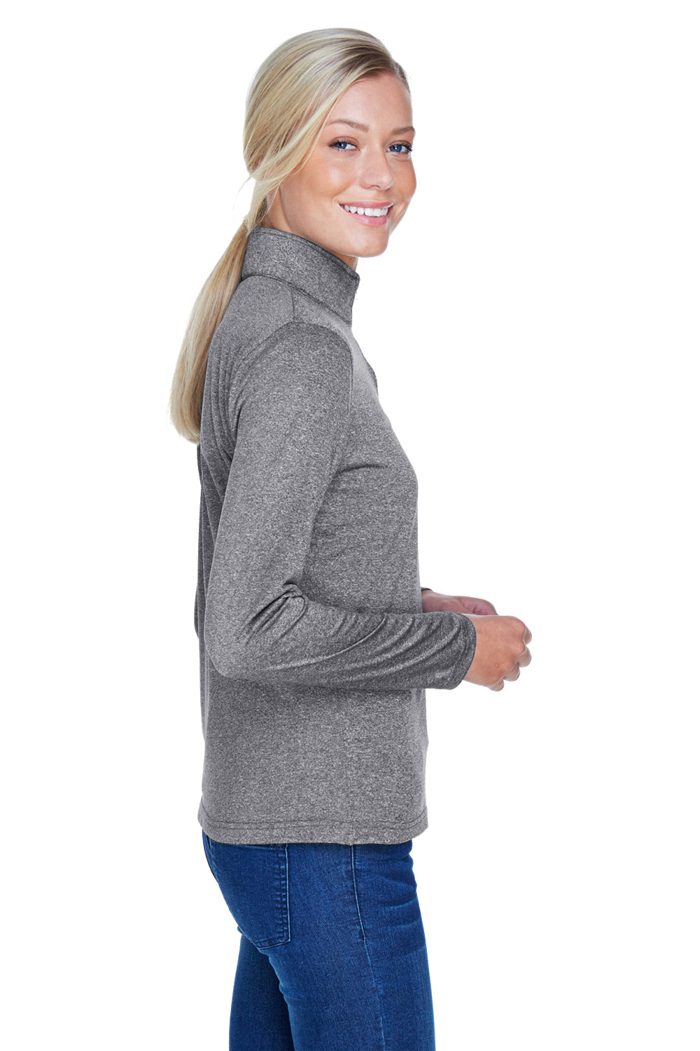 UltraClub 8618W Womens Heather Cool & Dry Performance Moisture Wicking 1/4 Zip Sweatshirt Heather Charcoal Grey Model Side