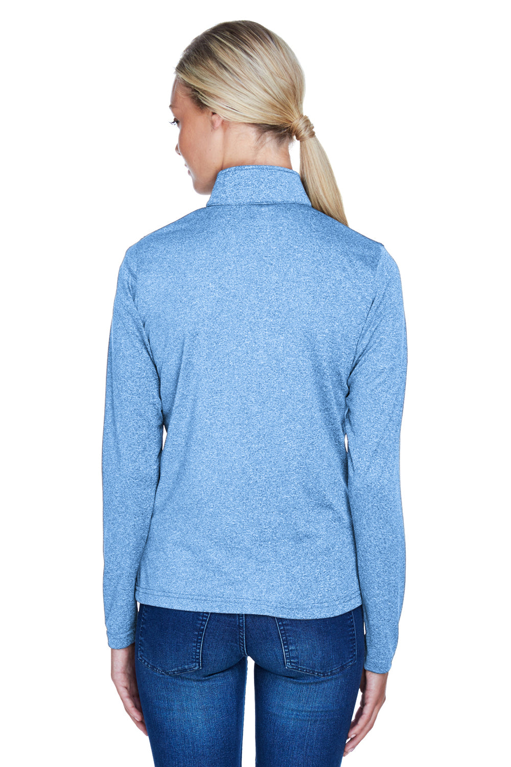 UltraClub 8618W Womens Heather Cool & Dry Performance Moisture Wicking 1/4 Zip Sweatshirt Heather Columbia Blue Model Back