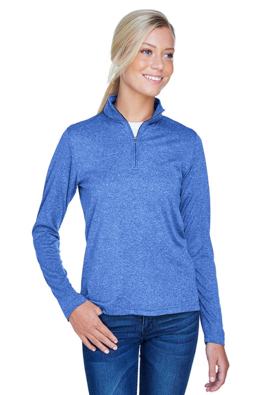 UltraClub 8618W Womens Heather Cool & Dry Performance Moisture Wicking 1/4 Zip Sweatshirt Heather Royal Blue Model Front