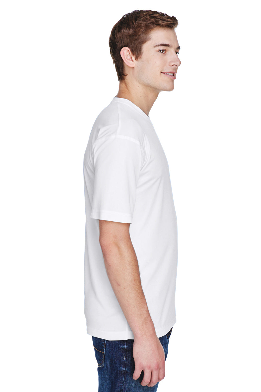 UltraClub 8620 Mens Cool & Dry Performance Moisture Wicking Short Sleeve Crewneck T-Shirt White Model Side