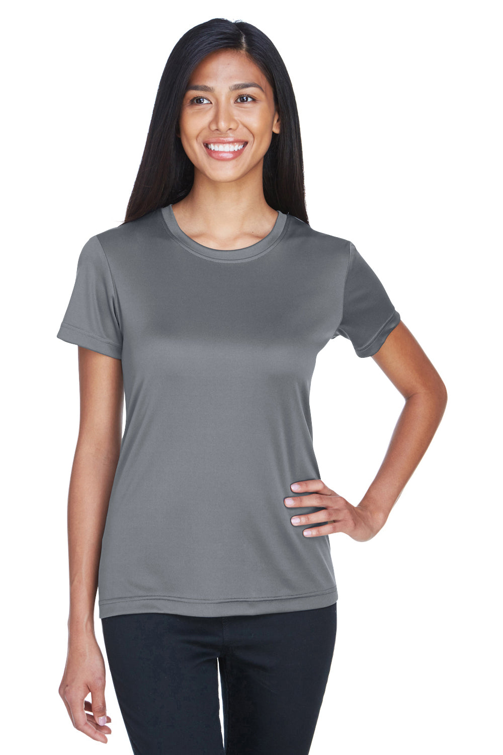 UltraClub 8620L Womens Cool & Dry Performance Moisture Wicking Short Sleeve Crewneck T-Shirt Charcoal Grey Model Front