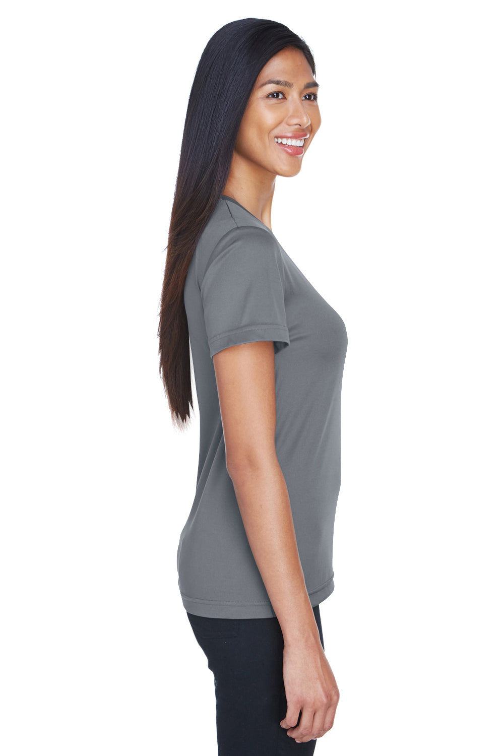 UltraClub 8620L Womens Cool & Dry Performance Moisture Wicking Short Sleeve Crewneck T-Shirt Charcoal Grey Model Side