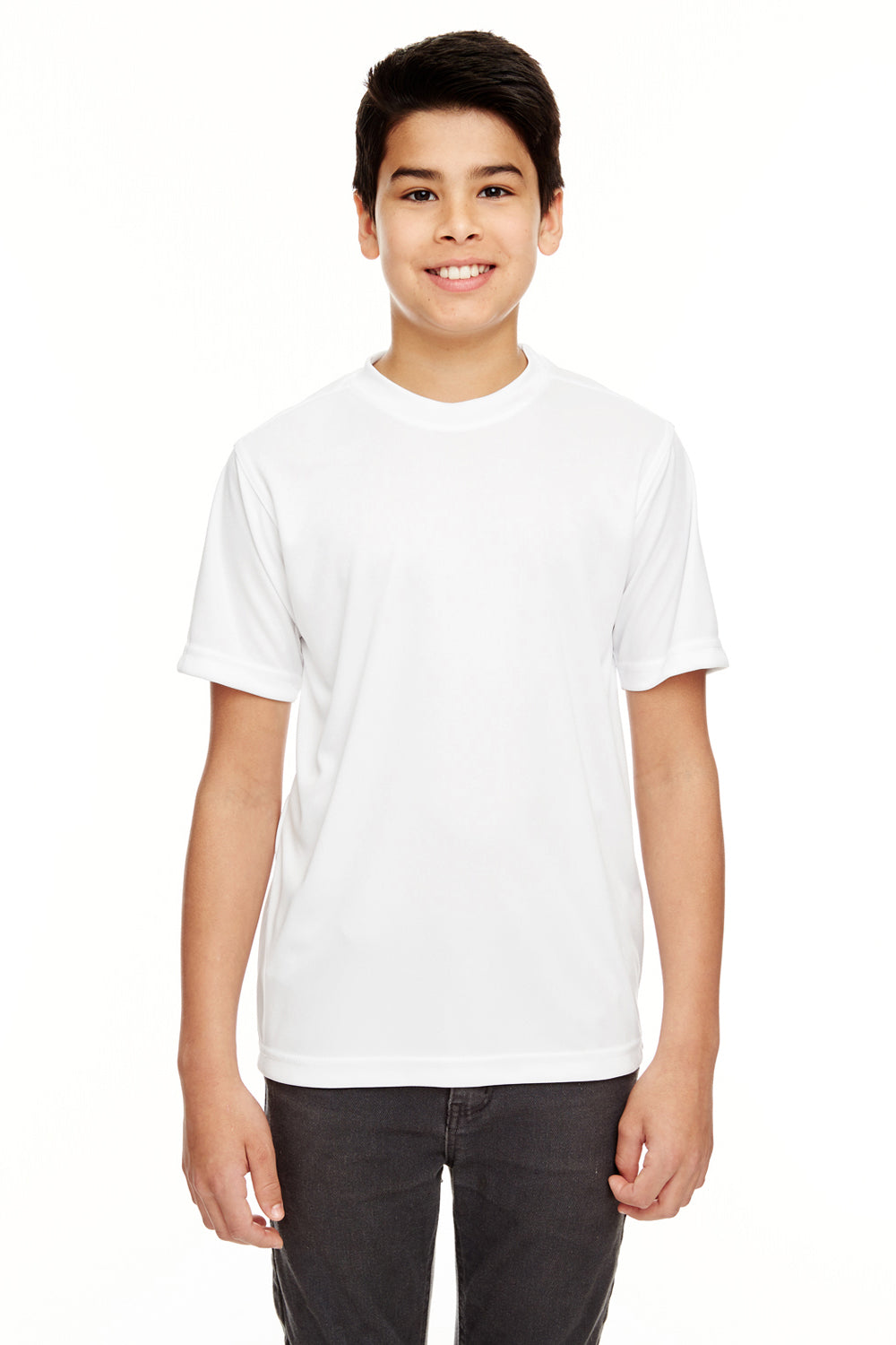 UltraClub 8620Y Youth Cool & Dry Performance Moisture Wicking Short Sleeve Crewneck T-Shirt White Model Front