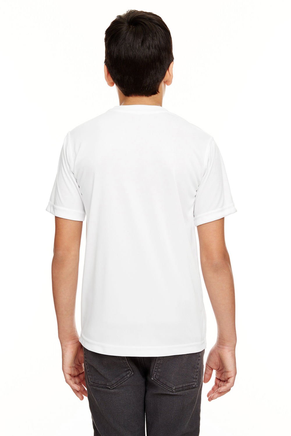 UltraClub 8620Y Youth Cool & Dry Performance Moisture Wicking Short Sleeve Crewneck T-Shirt White Model Back