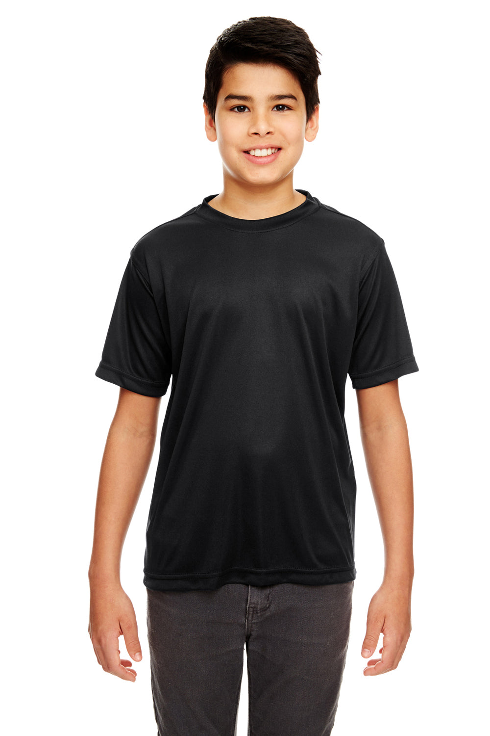 UltraClub 8620Y Youth Cool & Dry Performance Moisture Wicking Short Sleeve Crewneck T-Shirt Black Model Front