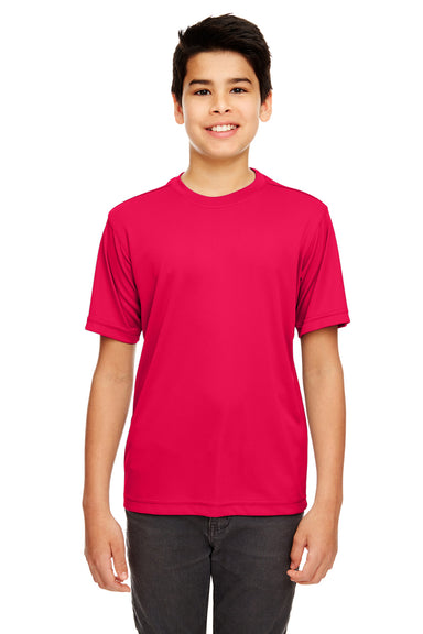 UltraClub 8620Y Youth Cool & Dry Performance Moisture Wicking Short Sleeve Crewneck T-Shirt Red Model Front