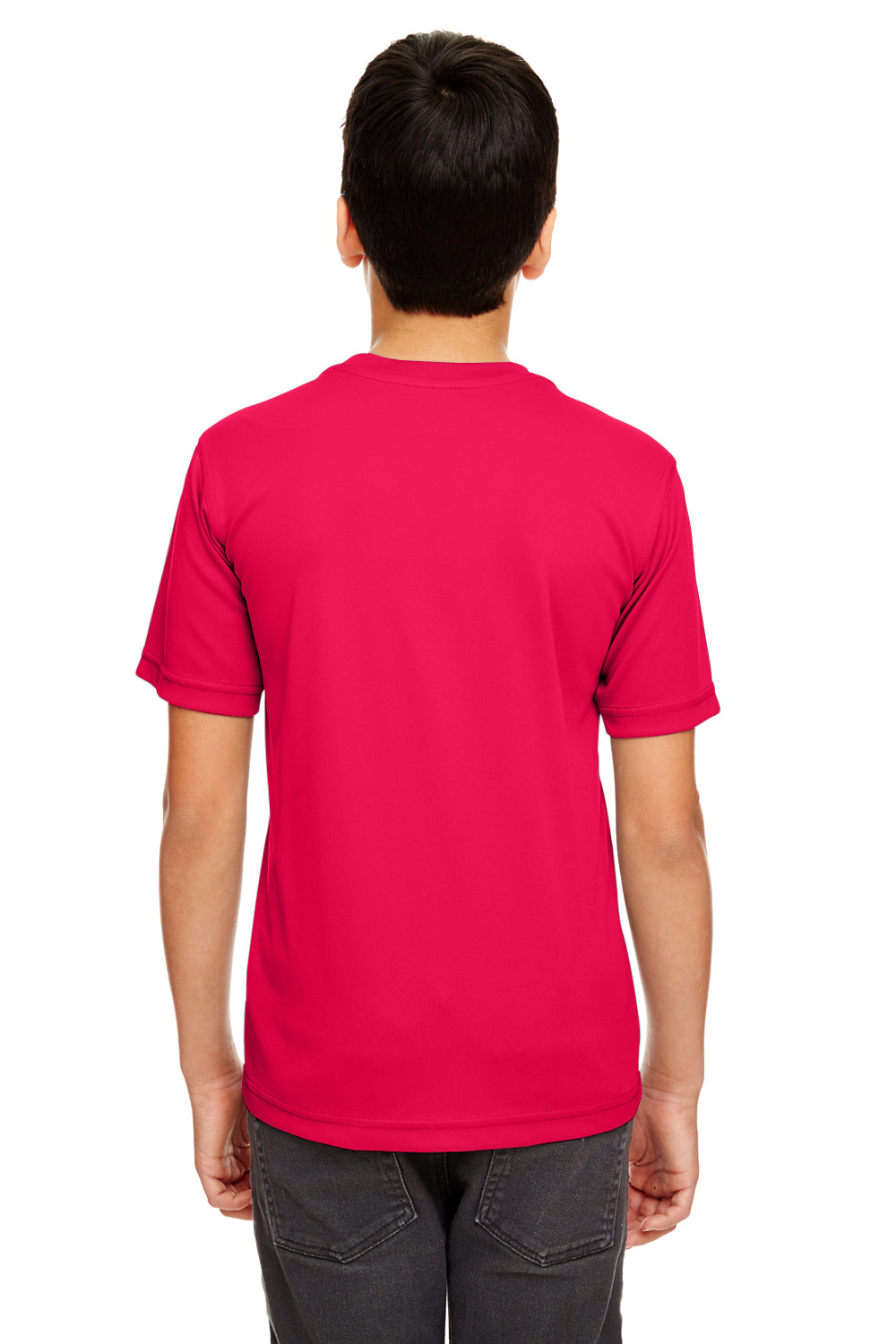 UltraClub 8620Y Youth Cool & Dry Performance Moisture Wicking Short Sleeve Crewneck T-Shirt Red Model Back