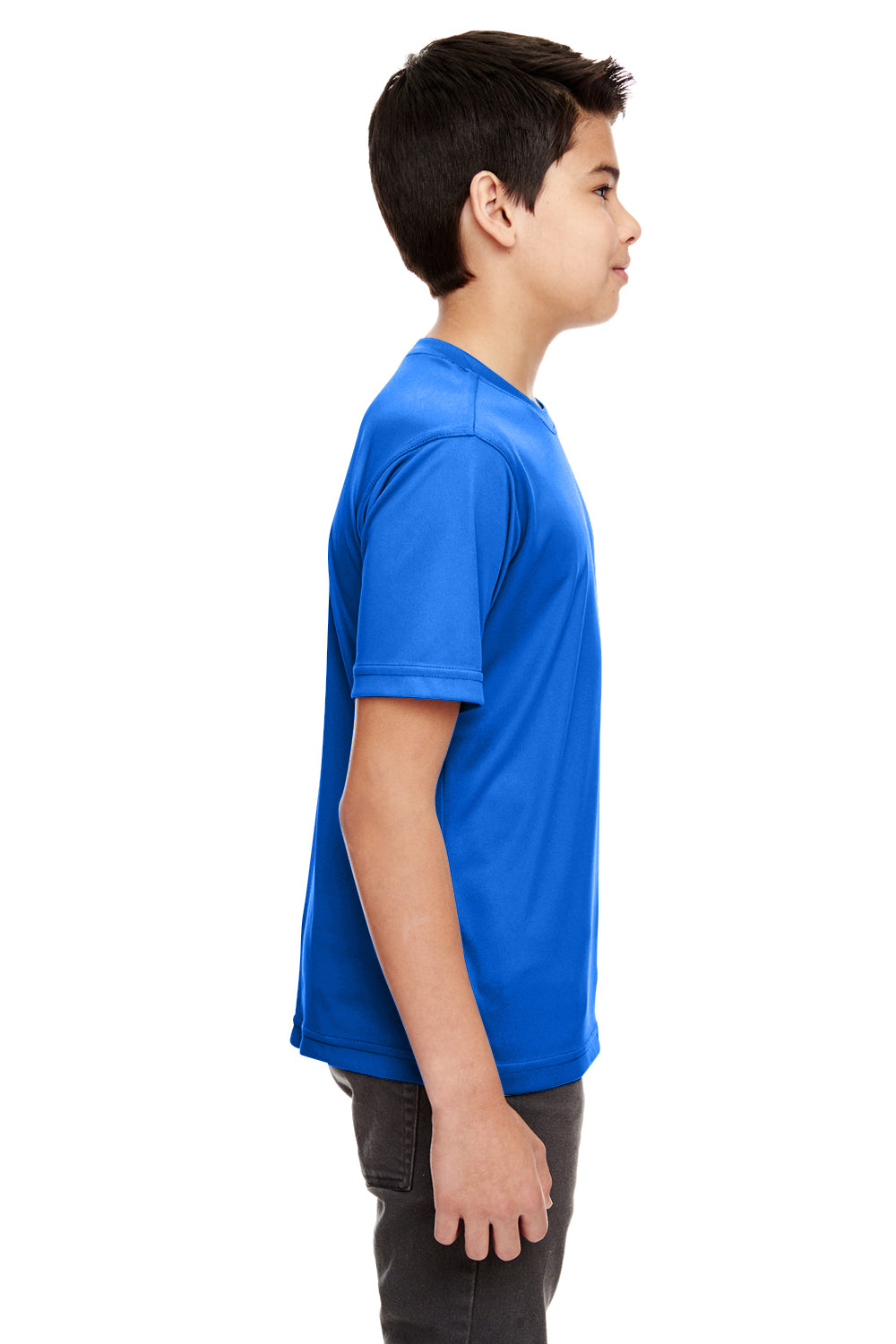 UltraClub 8620Y Youth Cool & Dry Performance Moisture Wicking Short Sleeve Crewneck T-Shirt Royal Blue Model Side