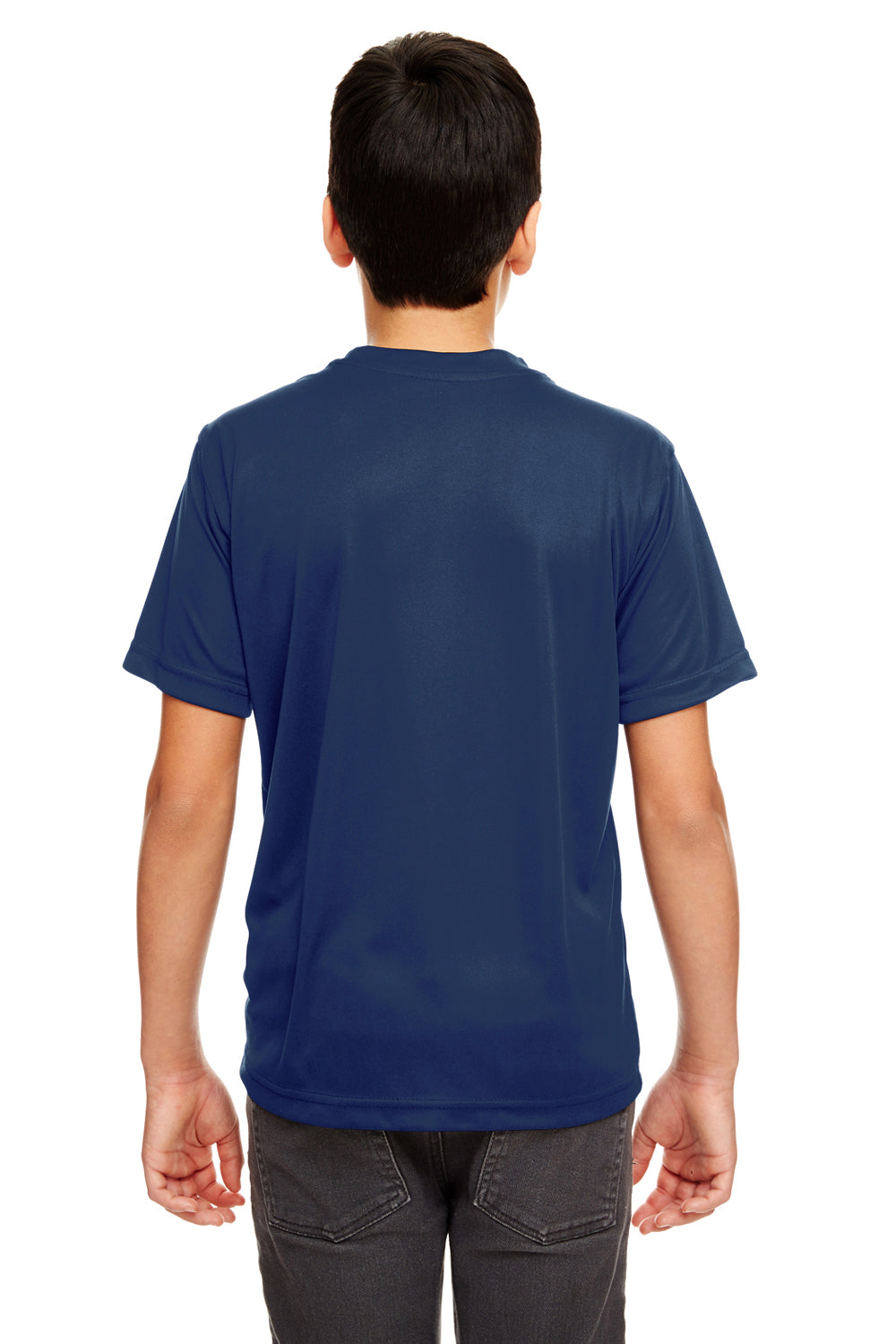 UltraClub 8620Y Youth Cool & Dry Performance Moisture Wicking Short Sleeve Crewneck T-Shirt Navy Blue Model Back