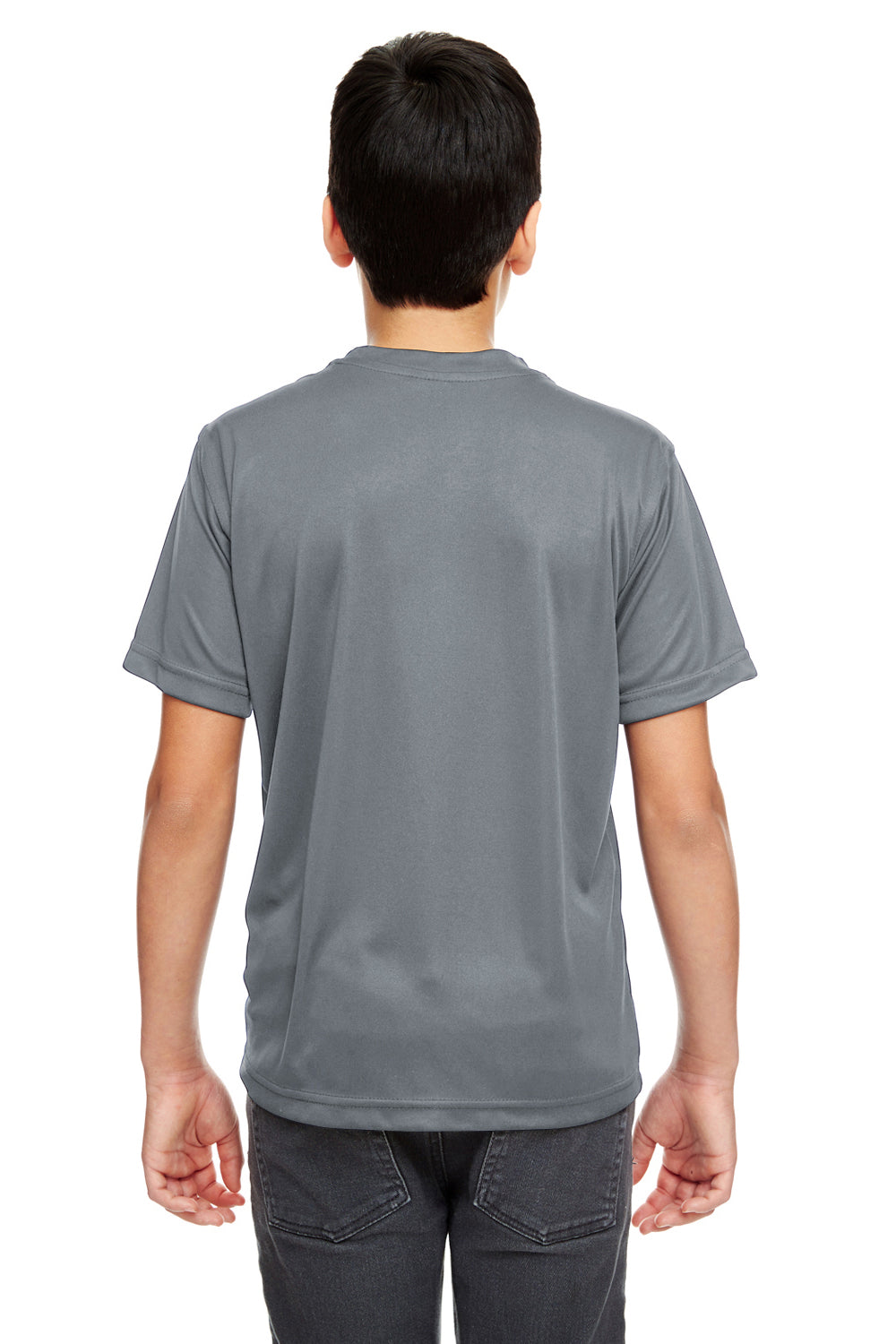 UltraClub 8620Y Youth Cool & Dry Performance Moisture Wicking Short Sleeve Crewneck T-Shirt Charcoal Grey Model Back