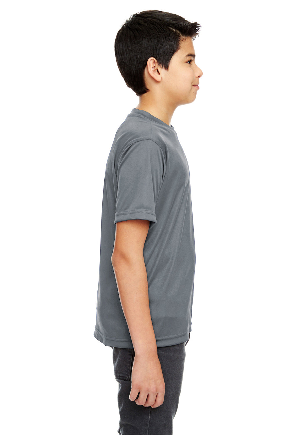 UltraClub 8620Y Youth Cool & Dry Performance Moisture Wicking Short Sleeve Crewneck T-Shirt Charcoal Grey Model Side