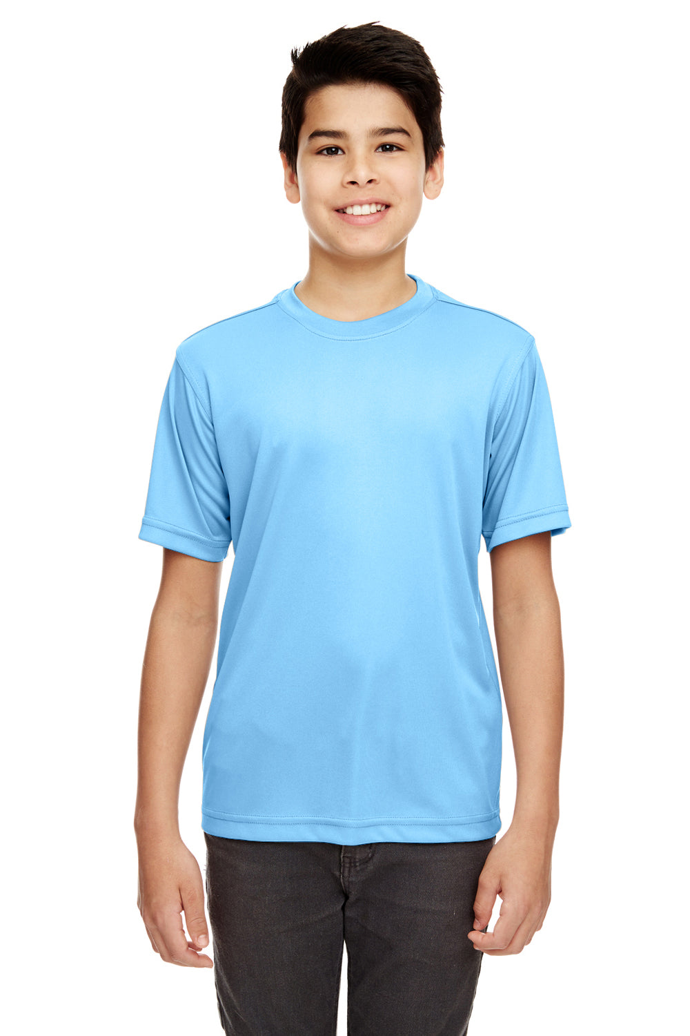 UltraClub 8620Y Youth Cool & Dry Performance Moisture Wicking Short Sleeve Crewneck T-Shirt Columbia Blue Model Front