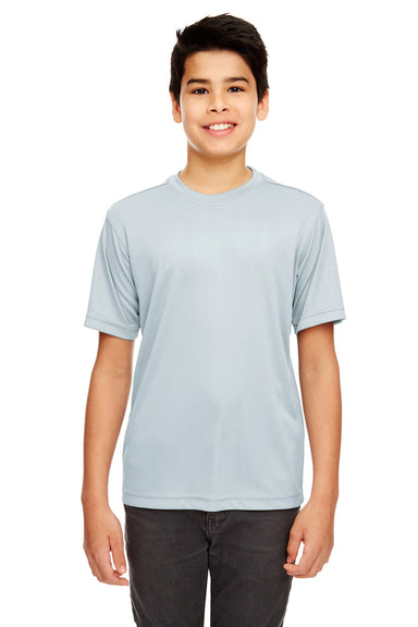 UltraClub 8620Y Youth Cool & Dry Performance Moisture Wicking Short Sleeve Crewneck T-Shirt Grey Model Front