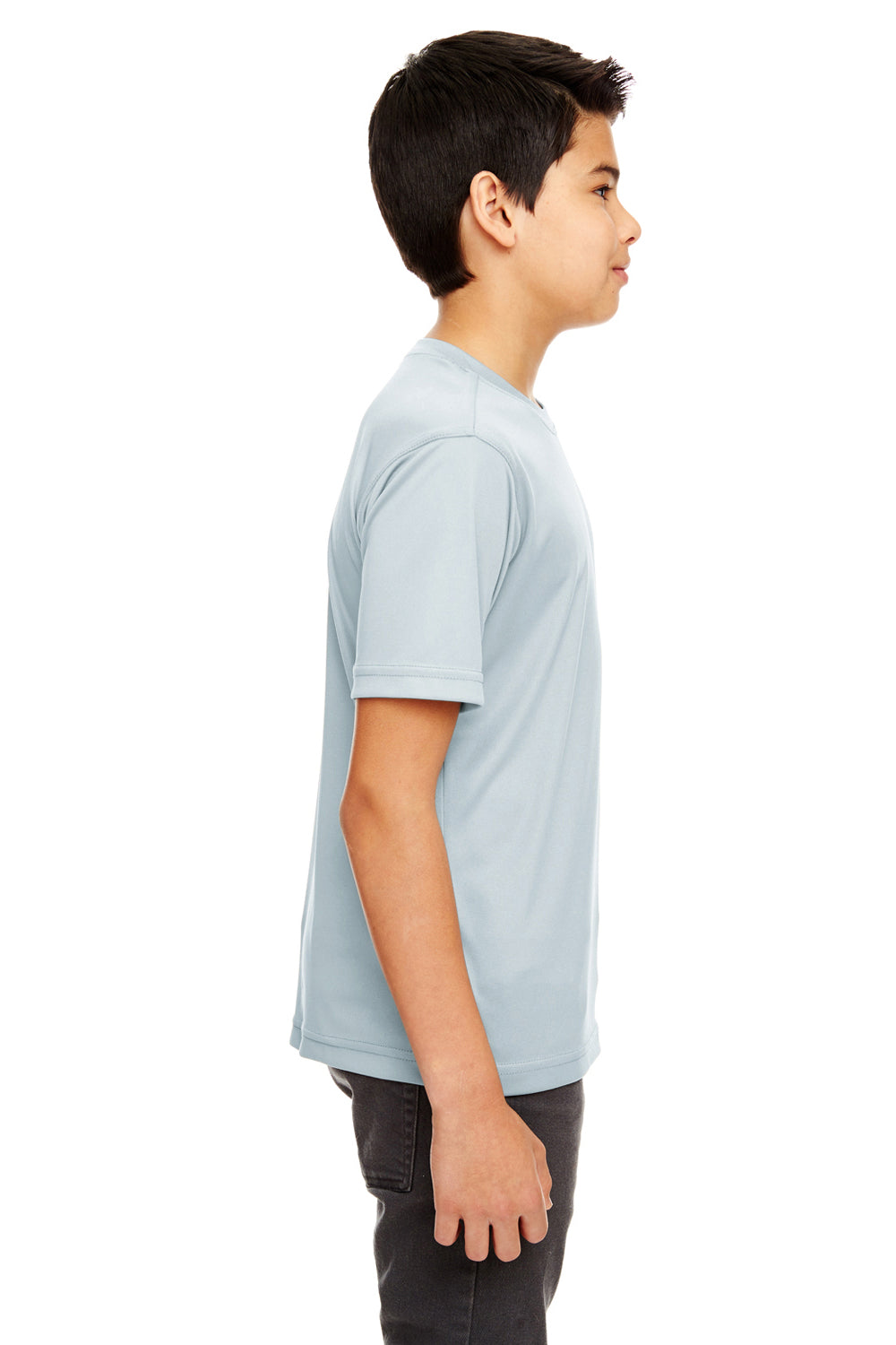 UltraClub 8620Y Youth Cool & Dry Performance Moisture Wicking Short Sleeve Crewneck T-Shirt Grey Model Side