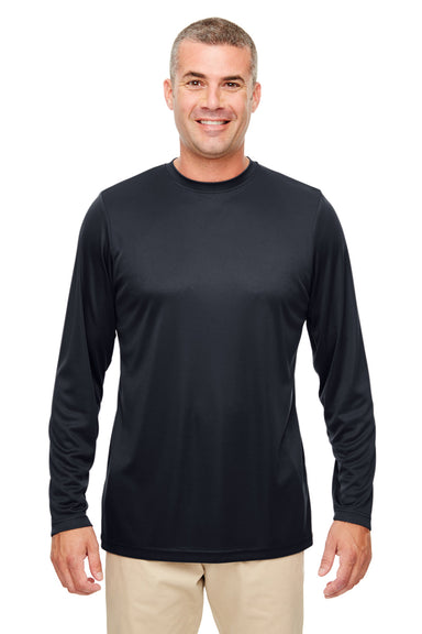 UltraClub 8622 Mens Cool & Dry Performance Moisture Wicking Long Sleeve Crewneck T-Shirt Black Model Front