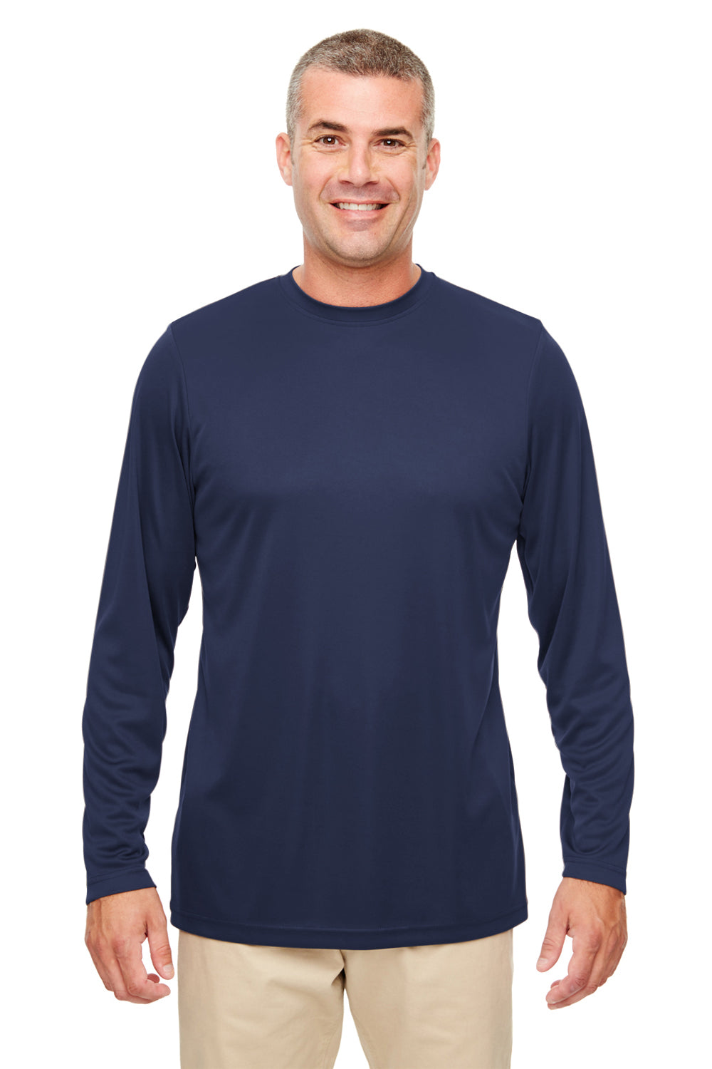 UltraClub 8622 Mens Cool & Dry Performance Moisture Wicking Long Sleeve Crewneck T-Shirt Navy Blue Model Front