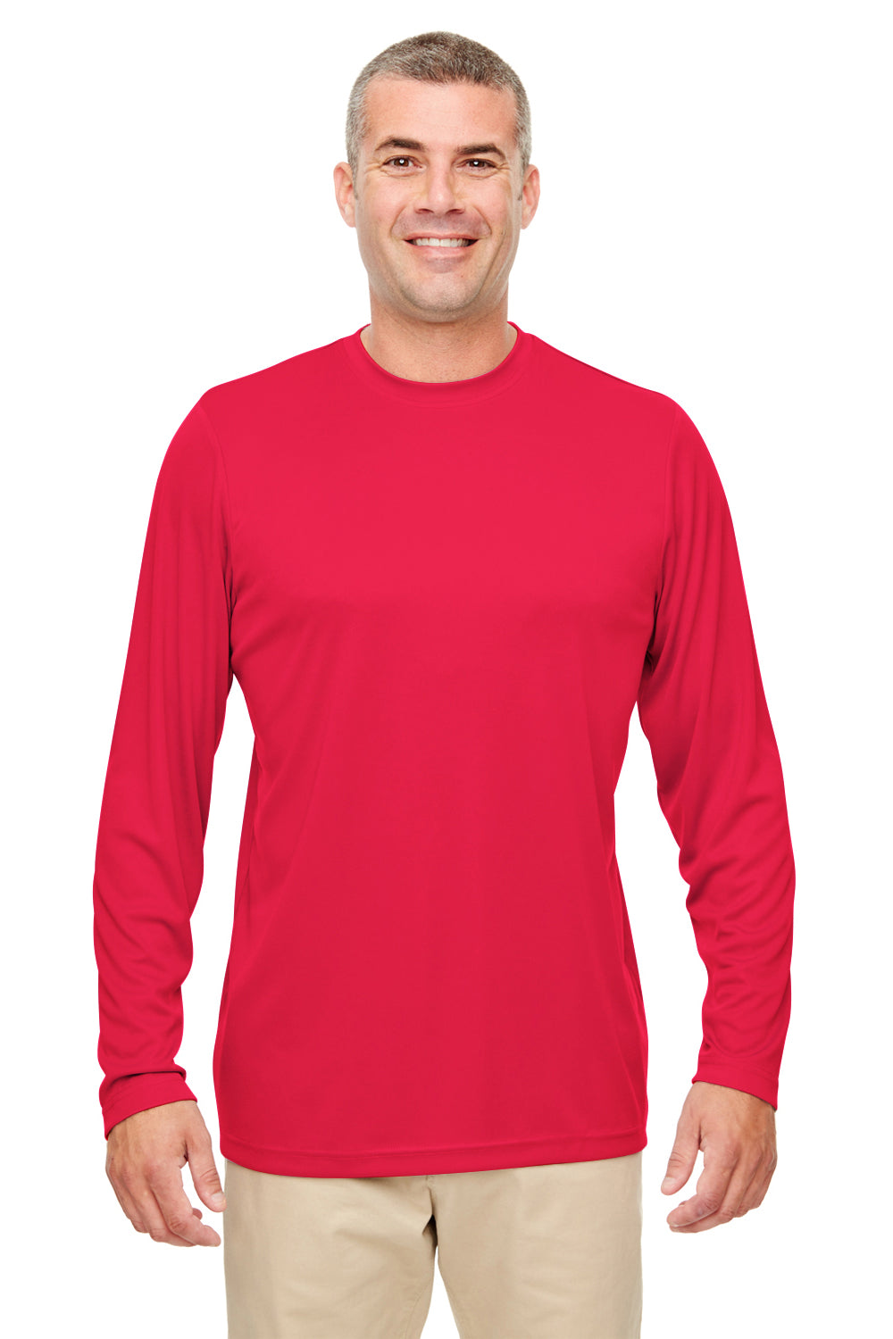 UltraClub 8622 Mens Cool & Dry Performance Moisture Wicking Long Sleeve Crewneck T-Shirt Red Model Front