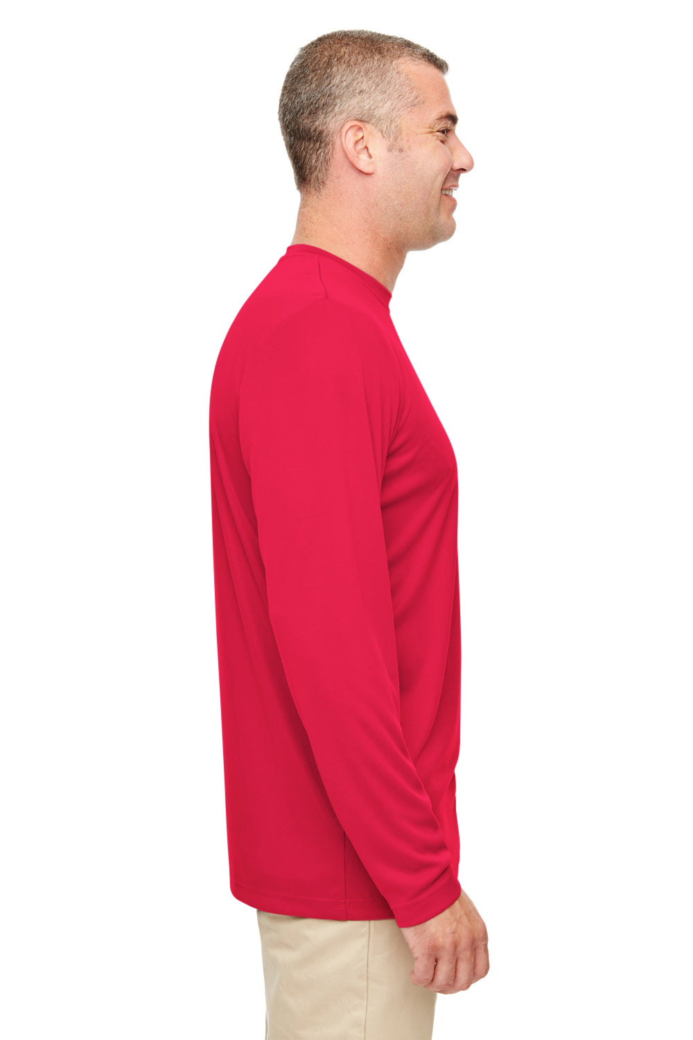 UltraClub 8622 Mens Cool & Dry Performance Moisture Wicking Long Sleeve Crewneck T-Shirt Red Model Side