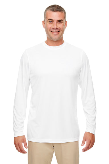 UltraClub 8622 Mens Cool & Dry Performance Moisture Wicking Long Sleeve Crewneck T-Shirt White Model Front