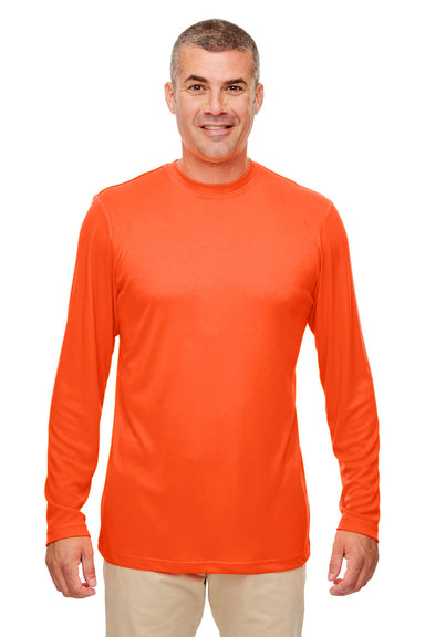 UltraClub 8622 Mens Cool & Dry Performance Moisture Wicking Long Sleeve Crewneck T-Shirt Bright Orange Model Front