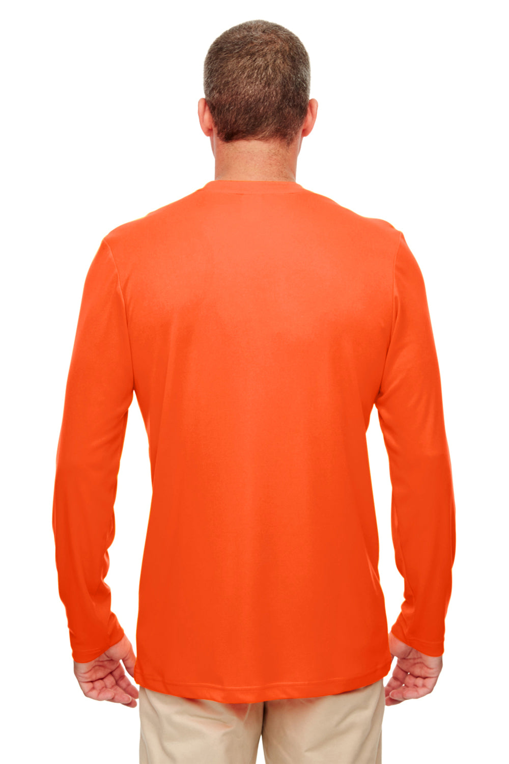 UltraClub 8622 Mens Cool & Dry Performance Moisture Wicking Long Sleeve Crewneck T-Shirt Bright Orange Model Back