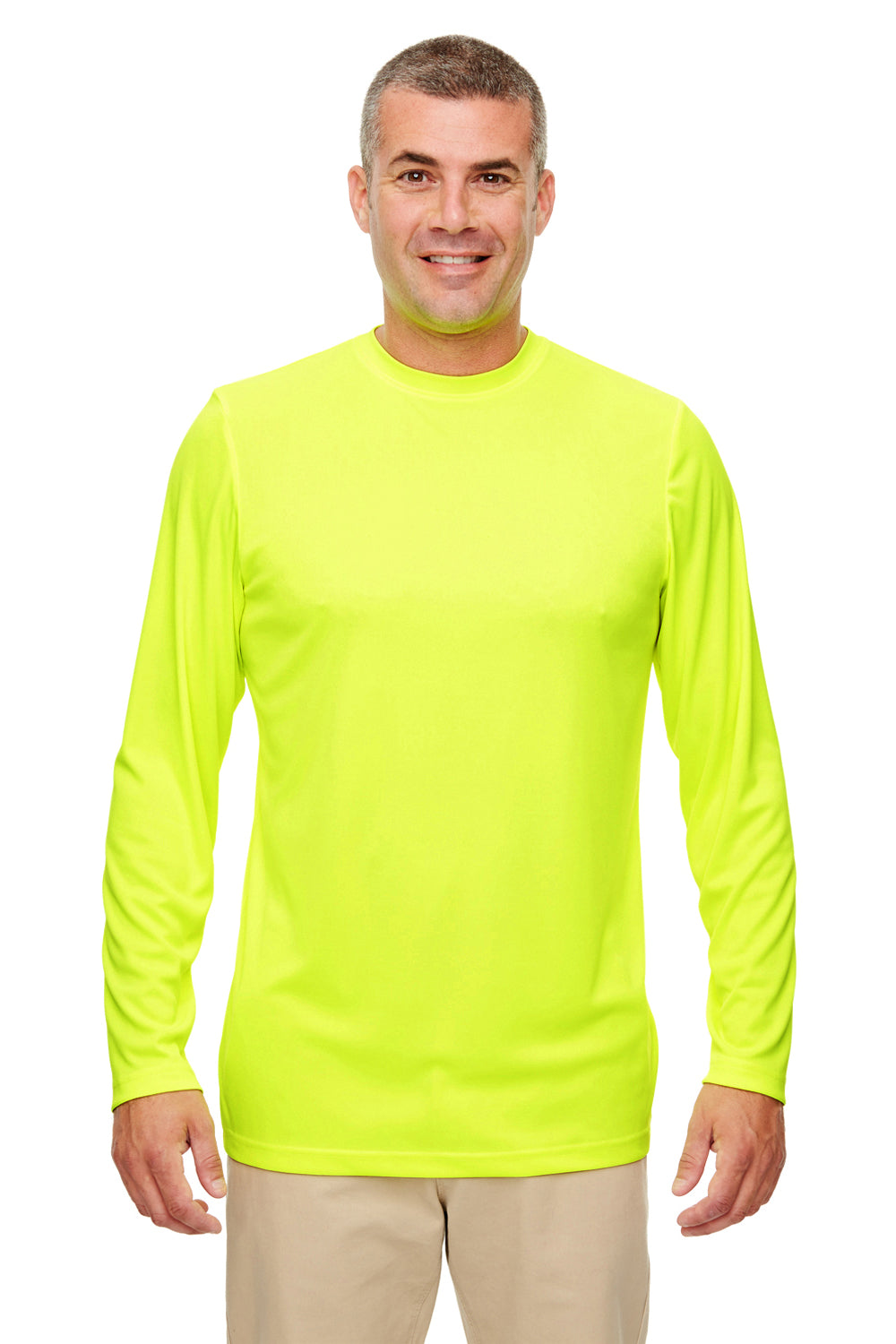 UltraClub 8622 Mens Cool & Dry Performance Moisture Wicking Long Sleeve Crewneck T-Shirt Bright Yellow Model Front