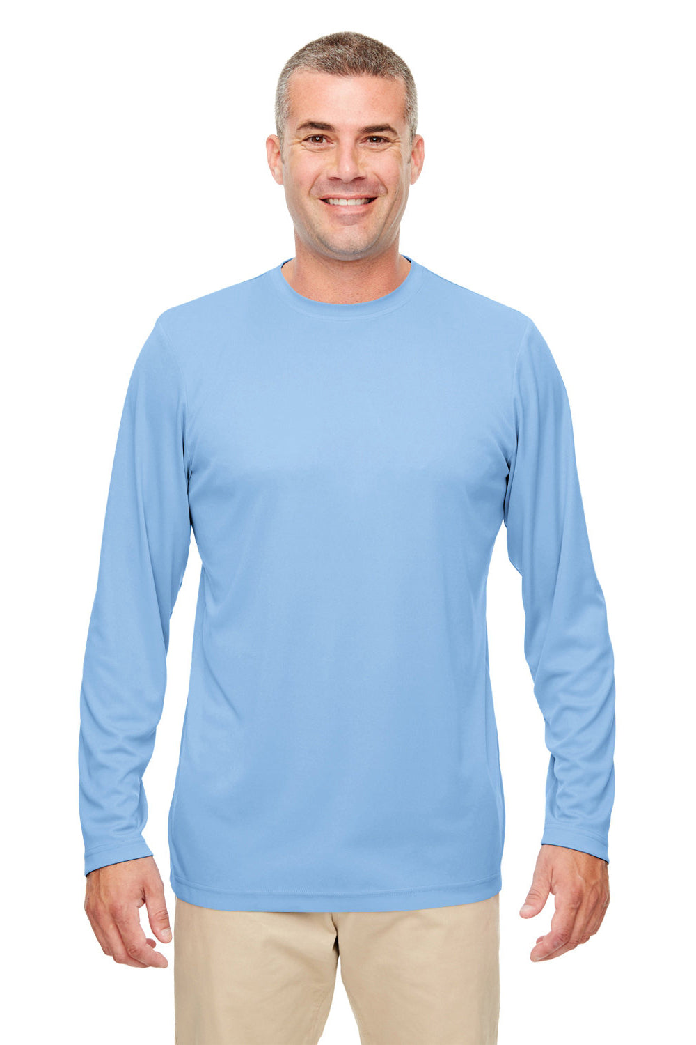 UltraClub 8622 Mens Cool & Dry Performance Moisture Wicking Long Sleeve Crewneck T-Shirt Columbia Blue Model Front